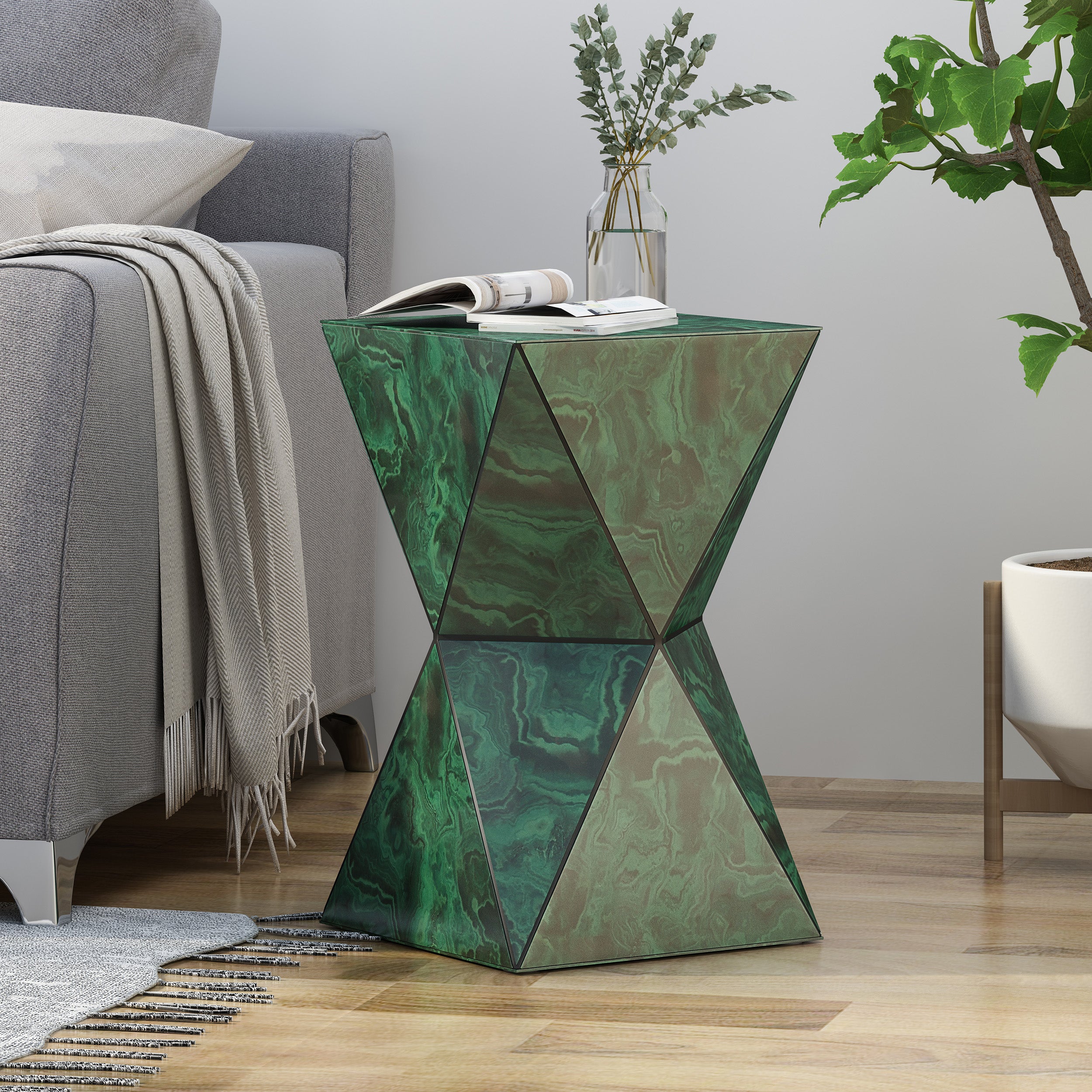 Larry Tempered Glass Hourglass Side Table, Malachite Finish