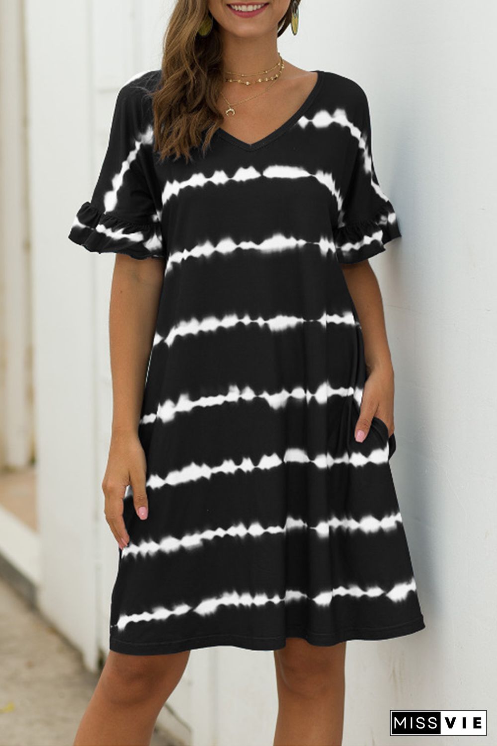 Casual Print Pocket V Neck A Line Dresses