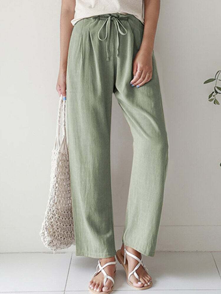 New Casual Ladies Solid Color Straight Leg Elastic Waist Cotton Linen Pants Women's Clothing