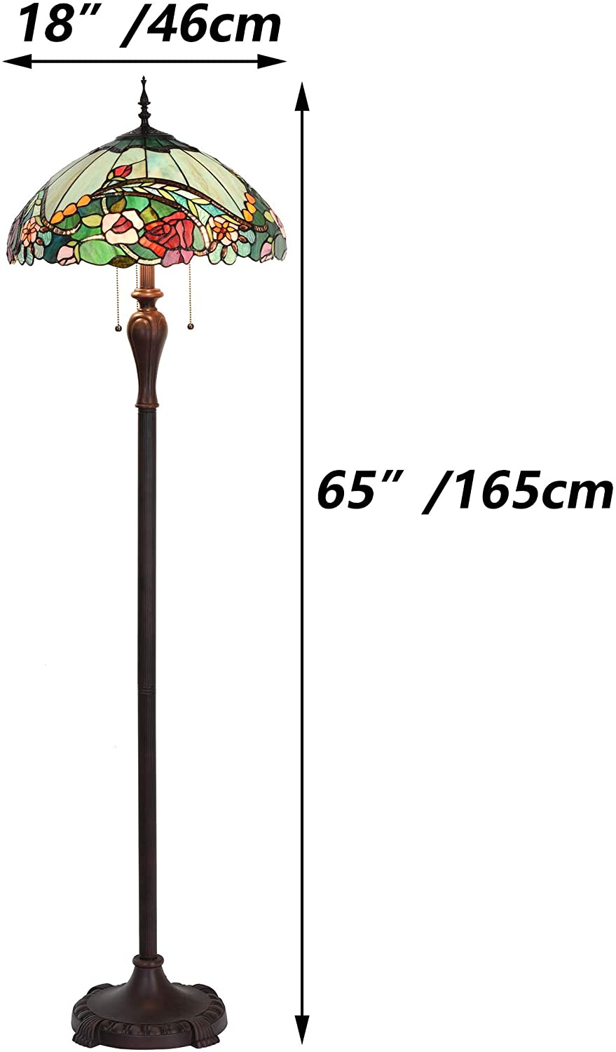 Bieye L10740 Rose Flower Tiffany Style Stained Glass Floor Lamp with 18-inch Wide Shade for Reading Working Bedroom, 3 Lights, 65 inch Tall