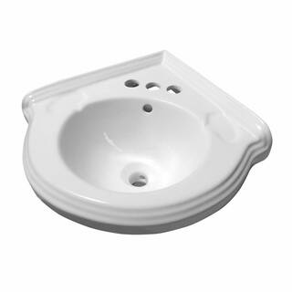 RENOVATORS SUPPLY MANUFACTURING Corner Wall Mount Bathroom Sink Combo in White Bowl Backsplash Overflow Centerset Faucet and Drain 97872