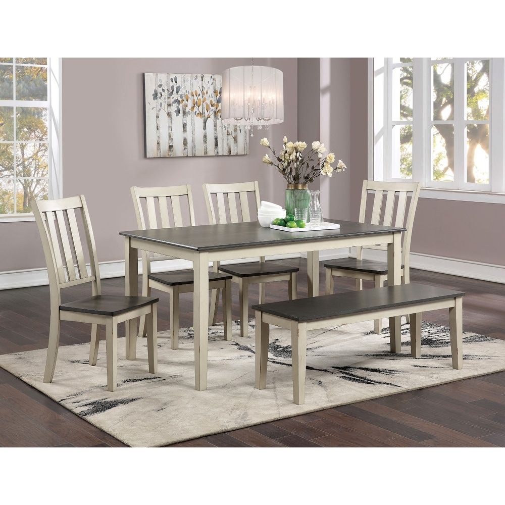 6 Piece Rectangular Dining Table Set w/Bench   Slat Back Chairs  Grey