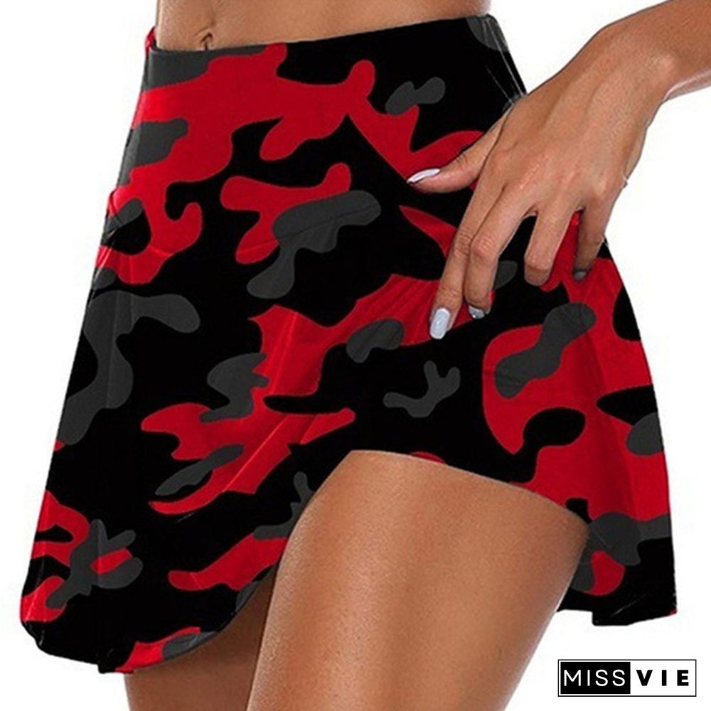 New Summer Women Camouflage Print Double-Layer Athletic Short Skirt Fitness Yoga Skirt Shorts Badminton Breathable Quick Drying Skirts Anti Exposure Tennis Skirt