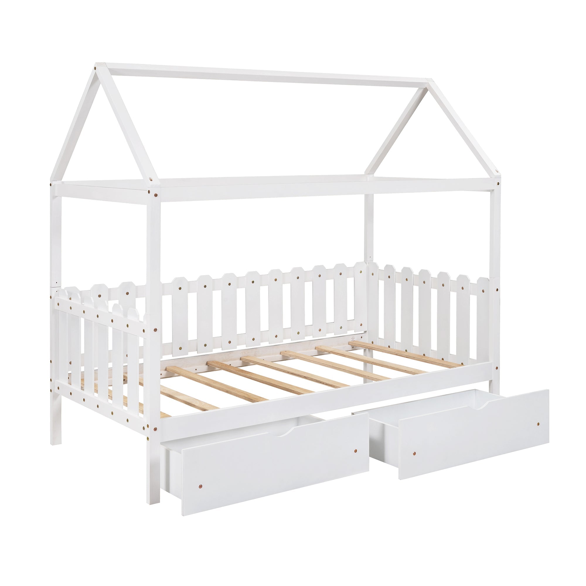 Euroco Twin Size Wood House-Shaped Bed with Drawers for Kids, White