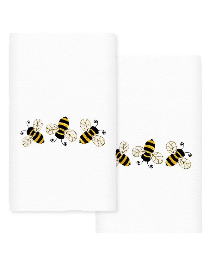 Linum Home Textiles Bee Dance Embroidered Luxury 100% Turkish Cotton Hand Towels Set of 2 30 x 16