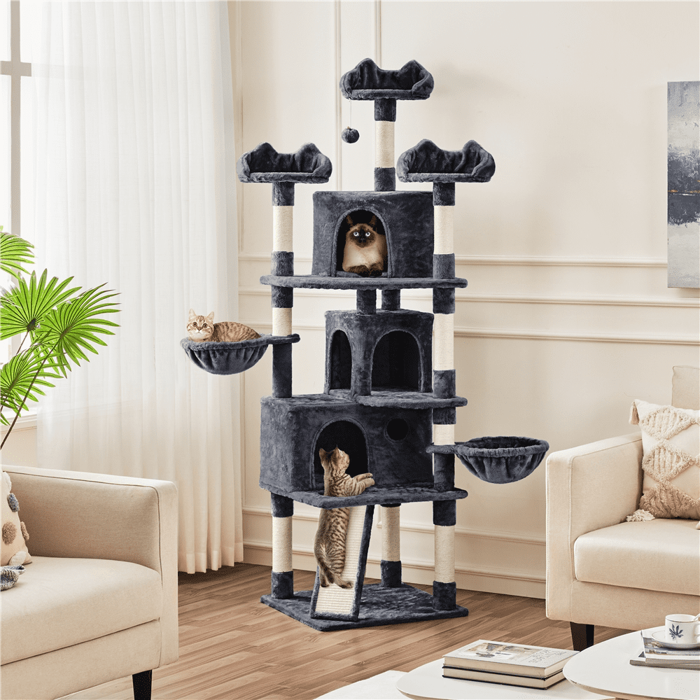 SMILE MART 76.5" Large Cat Tree Tower with 3 Condos Cozy Perches Dangling Ball, Dark Gray