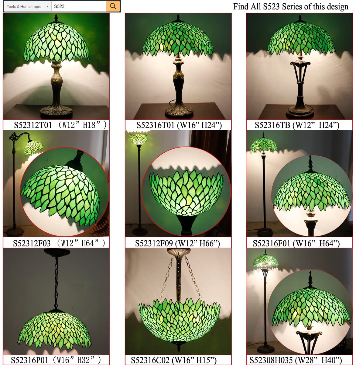 BBNBDMZ  Floor Lamp Green Wisteria Stained Glass Light 12X12X66 Inches Pole Torchiere Standing Corner Torch Uplight Decor Bedroom Living Room  Office S523 Series