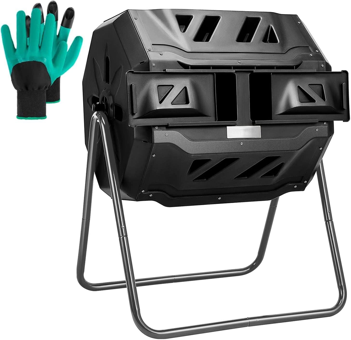 Outdoor Tumbling Composter Dual Rotating Batch Compost Bin  43 Gallon Black Door