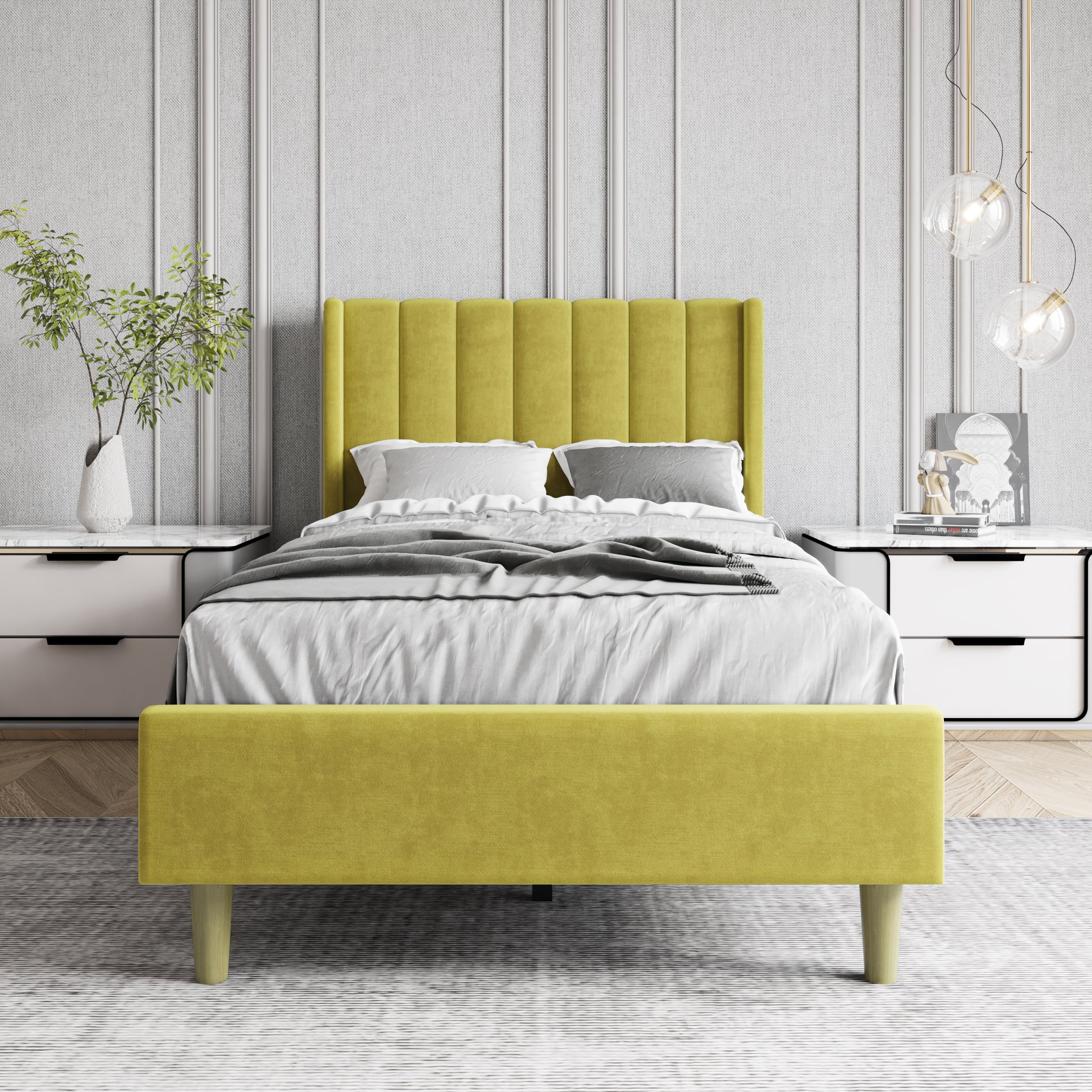 AUFANK Twin Bed Frame Upholstered Platform with Wooden Slats, Noise-Free, Yellow