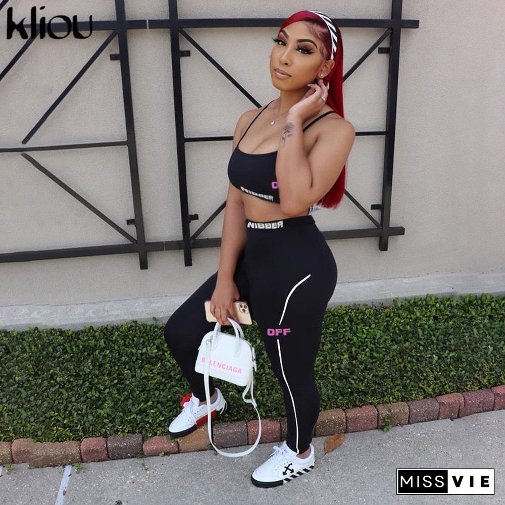 Kliou letter print tracksuit women fitness casual two piece set sporty sleeveless tank top+striped leggings fashion active wear