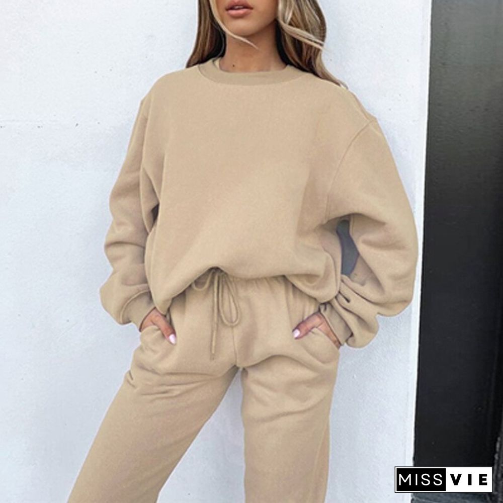 Casual Solid 2 Piece Sets Women New Autumn O Neck Long Sleeve Sweatshirt And Drawstring Long Pants Set Ladies Loose Sports Suits