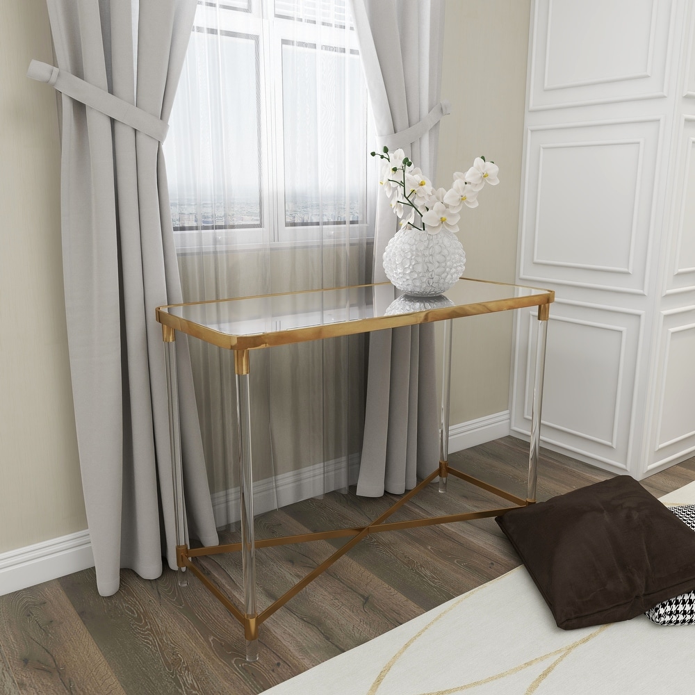 Gold Metal Contemporary Console Table with Mirrored Top and Acrylic Legs