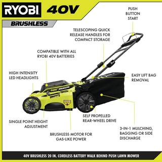 RYOBI 40V Brushless 20 in. Cordless Battery Walk Behind Push Lawn Mower with 6.0 Ah Battery and Charger RY401110