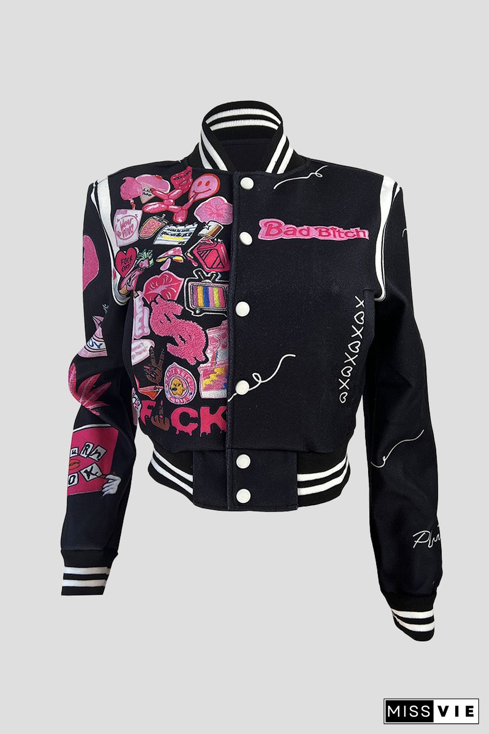 Letter & Graphic Print Snap Button Bomber Jacket