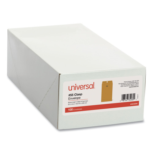 Universal Kraft Clasp Envelope， #55， Square， Clasp/Gummed Closure， 6 x 9， Brown Kraft， 100/Box (35260)