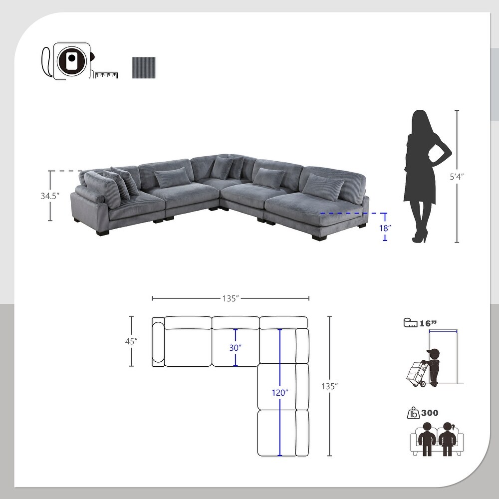 Braidy Corduroy 5 Piece Modular Sectional Sofa