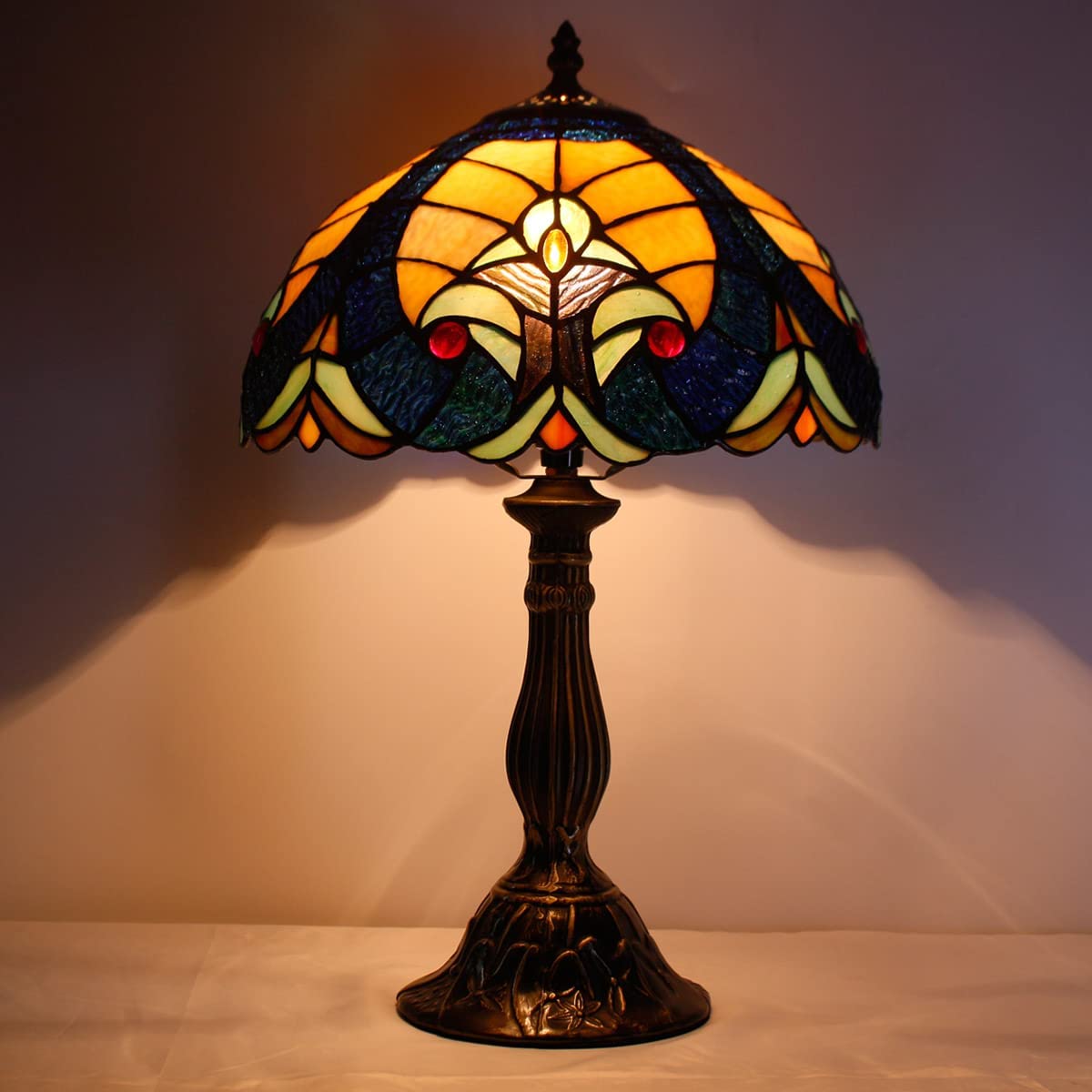 GEDUBIUBOO Tiffany Style Lamp Stained Glass Bedside Table Lamp Blue Yellow Liaison Reading Desk Light 12X12X18 Inches Decor Bedroom Living Room  Office S160E Series