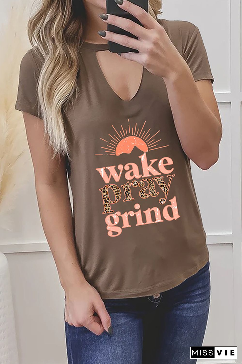 Wake Pray Grind Leopard Graphic Tees for Women Wholesale Short Sleeve T shirts Top