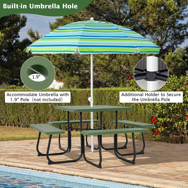 Tangkula 8 person Round Picnic Table Bench Set Outdoor Circular Picnic Table With 4 Benches amp Umbrella Hole 500 Lbs Capacity Black grey white green