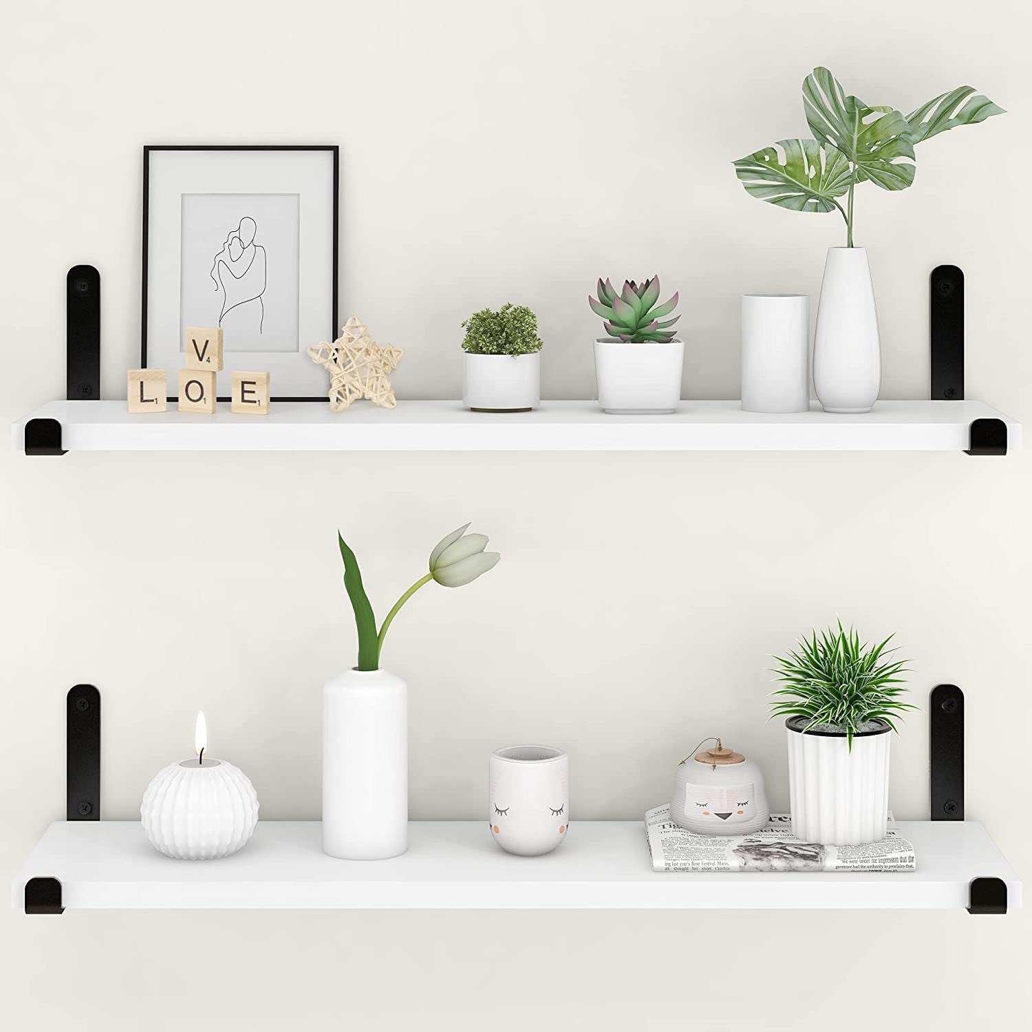 Afuly White Storage Shelf for Wall, 24 inch Long Set of 2, Modern Neutral Wooden Storage Hanging Shelf with Black Metal Brackets