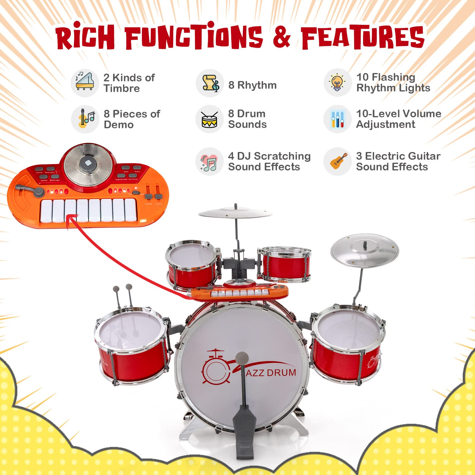 Costzon Kids Drum Keyboard Set with Stool & Microphone Stand, Jazz Drum Set with Cymbal