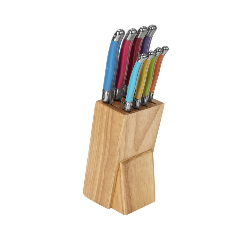 French Home 8 Piece Laguiole Kitchen Knife Set with Wood Block  Rainbow Colors