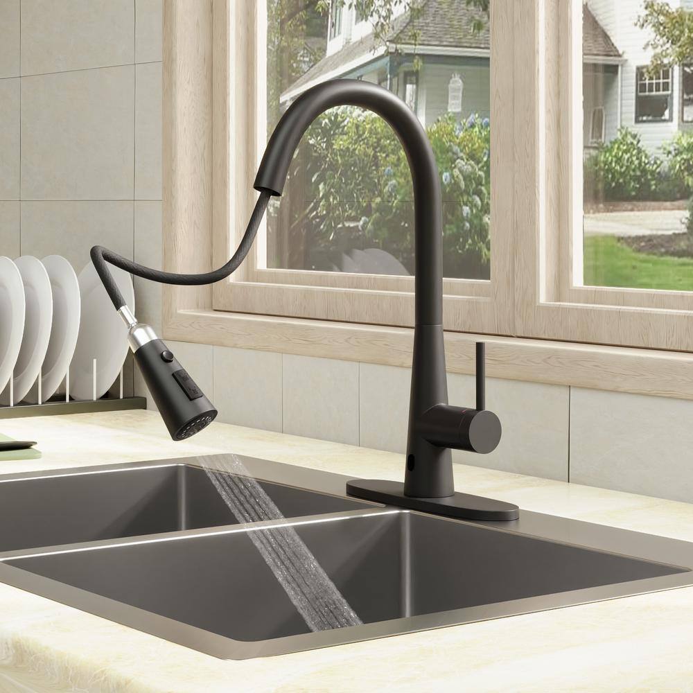 Boyel Living 3-Spray Patterns Single Handle Touchless 1.8 GPM Pull Down Sprayer Kitchen Faucet with Deckplate Included in Matte Black BL-APS243TL-MB