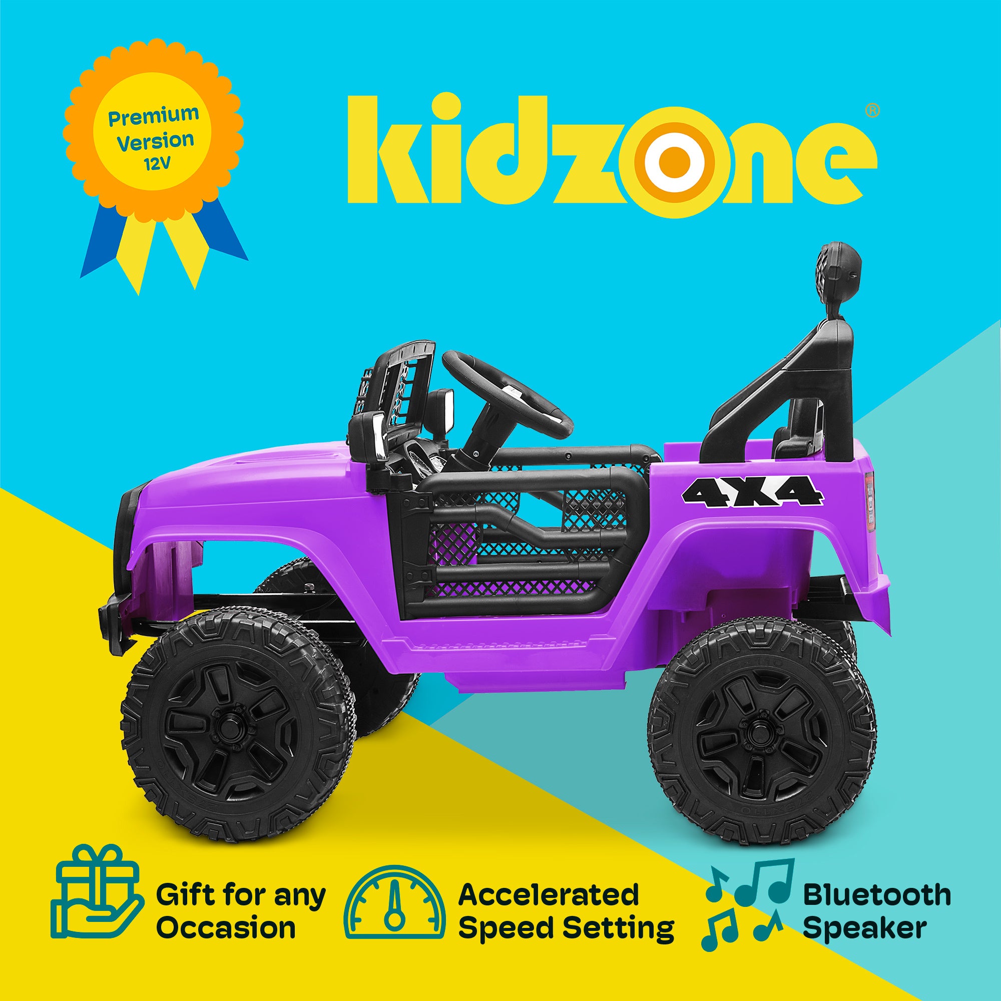 Kidzone 12V Battery Powered Electric Ride-on SUV Toy Vehicle for Boys & Girls, DIY License Plate, 4 Wheeler Quad Car, MP3, High Low Speeds, LED Lights, Bluetooth - Purple