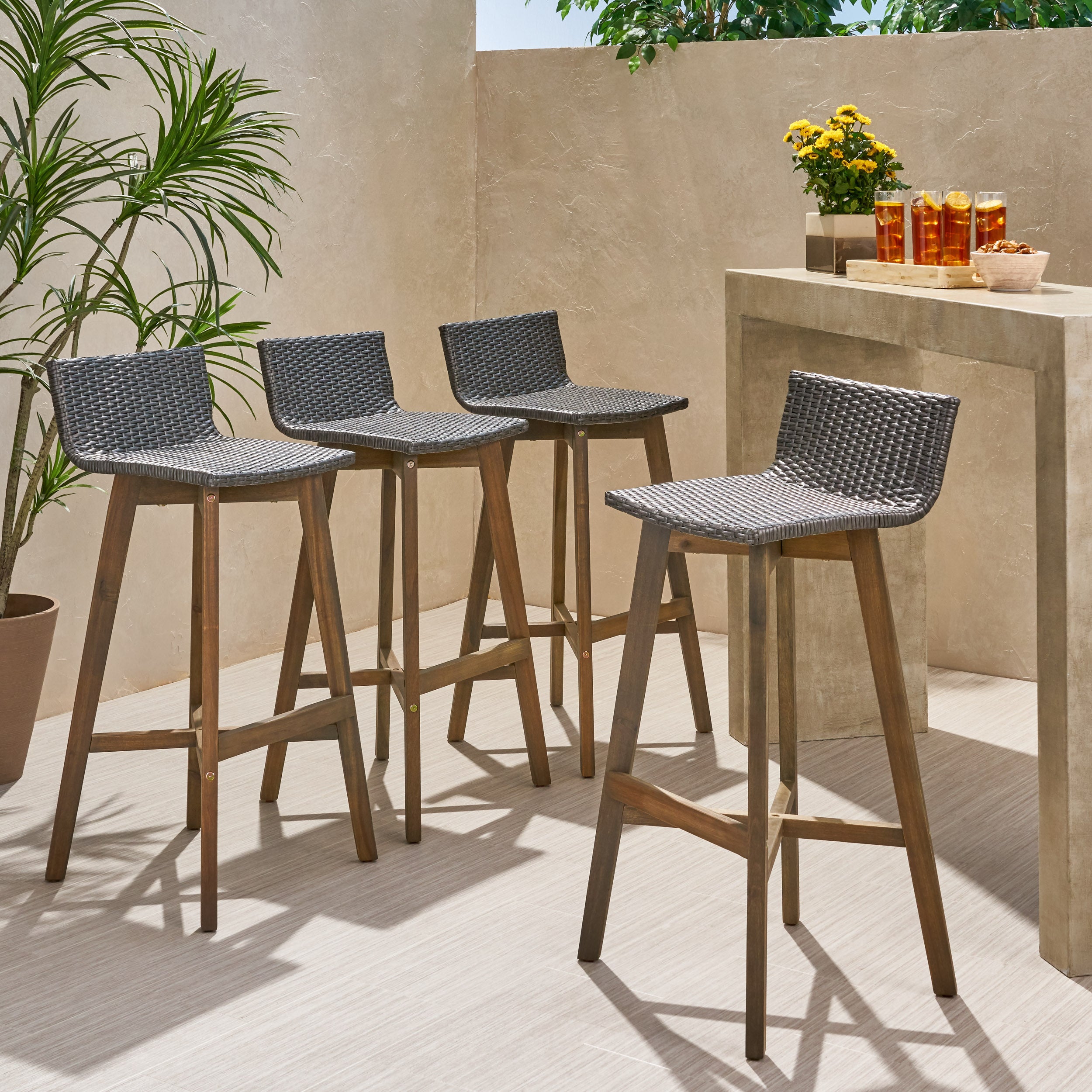 Jessie Outdoor Wood & Wicker Barstools (Set of 4)