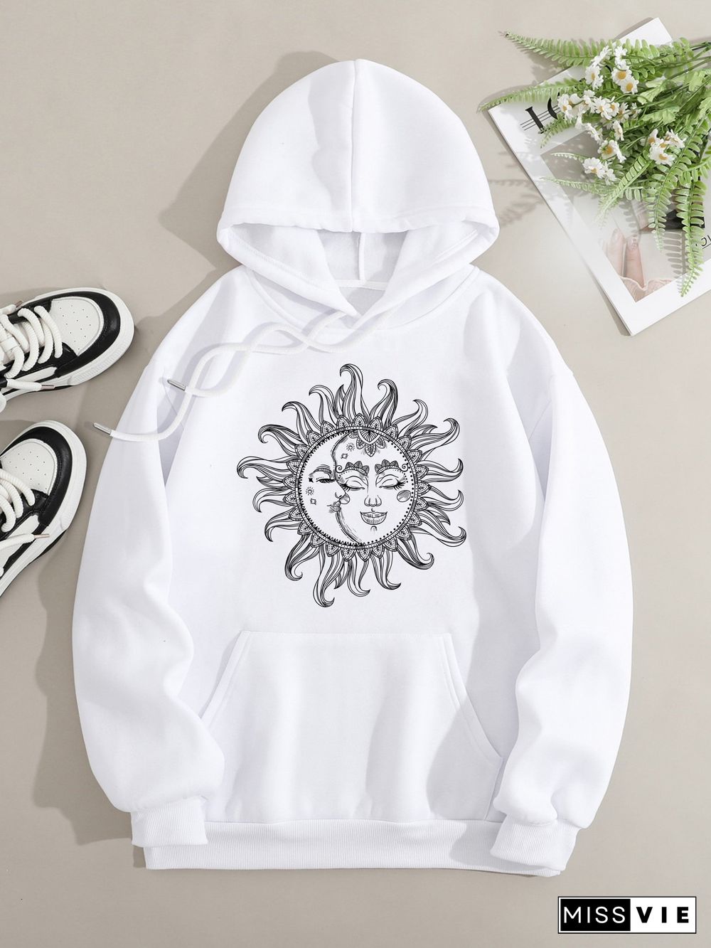 Printed on front Kangaroo Pocket Hoodie Long Sleeve for Women Pattern Moon and Sun