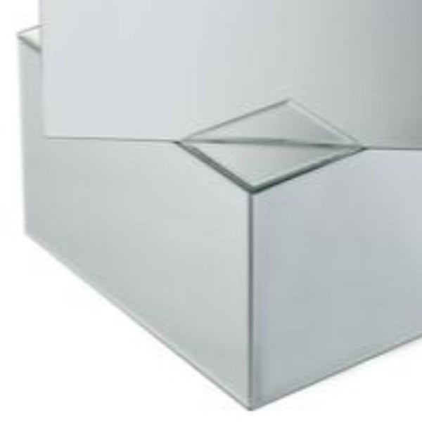 Mirror and Glass End Table with Unique Geometrical Base Design， Silver - 23.62 H x 19.69 W x 19.69 L Inches