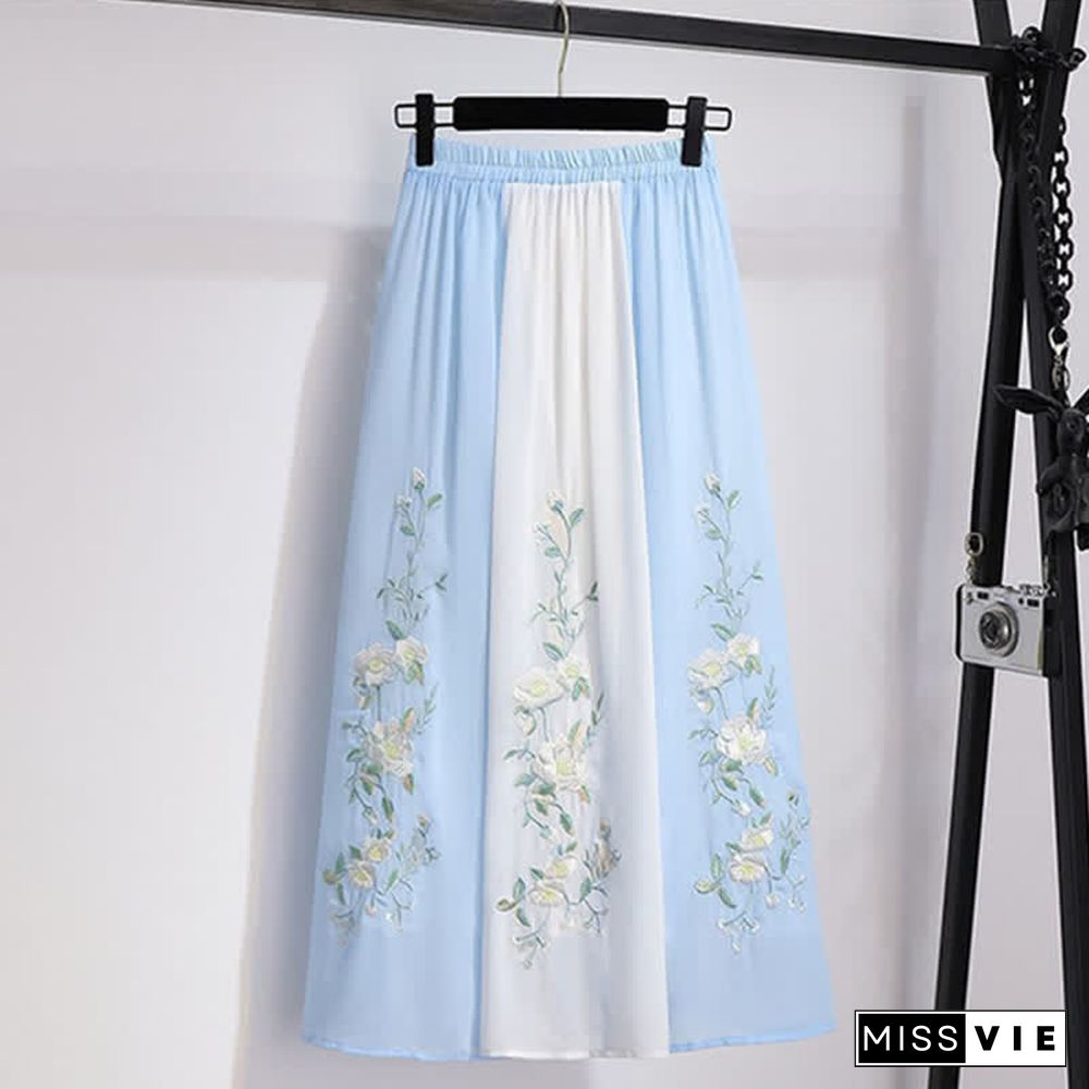 Vintage Hanfu Floral Embroidery Shirt Skirt Two Pieces Set