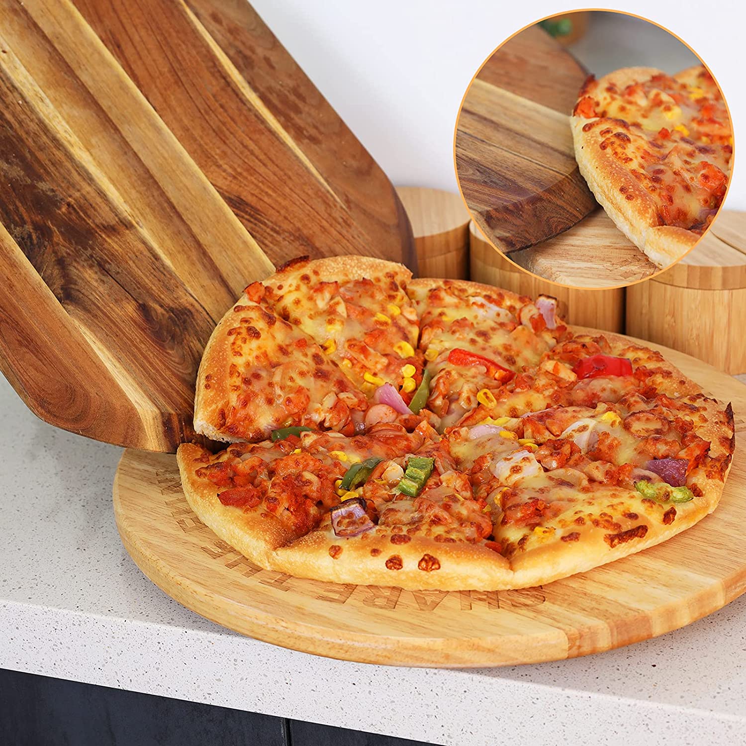 Acacia Wood Pizza Board With Cutter， 19 x 12 Inch Paddle Board Great for Homemade Pizza， Cheese and Charcuterie