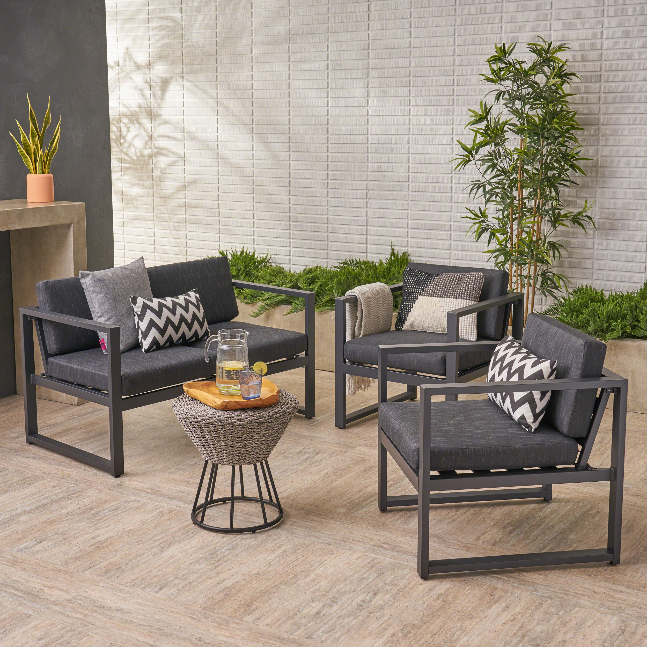 Navan Outdoor 4 Seater Aluminum Chat Set, Silver with Dark Grey Cushions