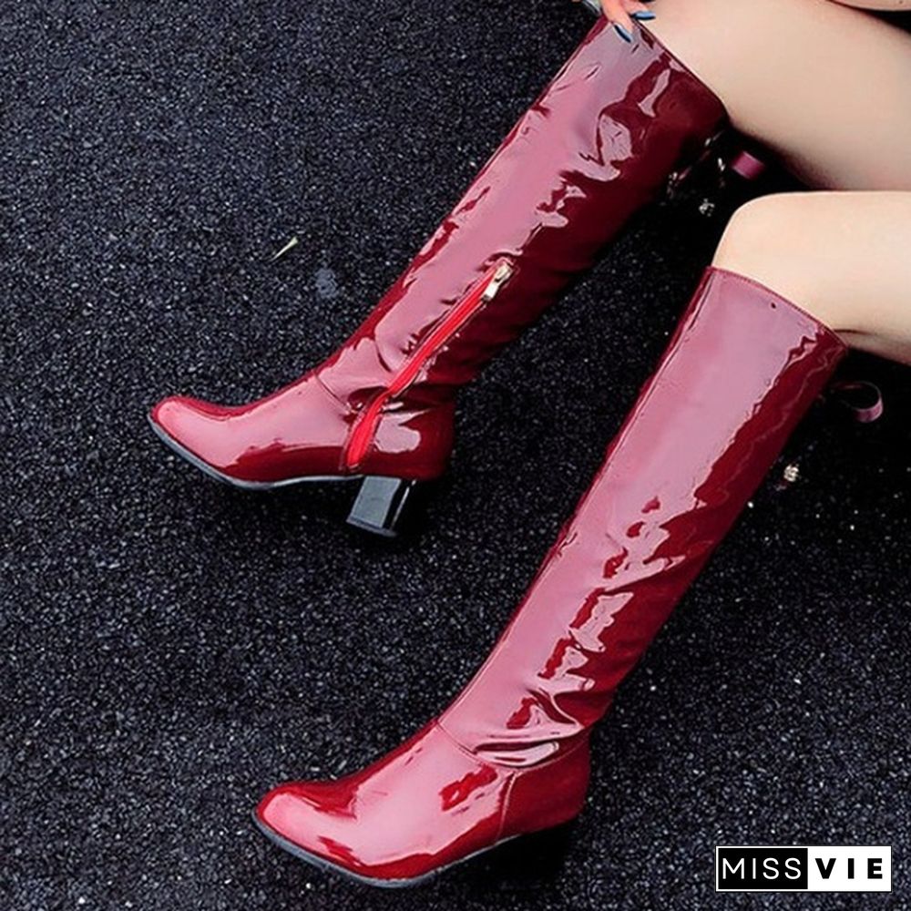 Women Knee High Boots Patent Leather Shoes Chunky Mid Heel Winter Boots Spring Autumn Fashion Plus Size