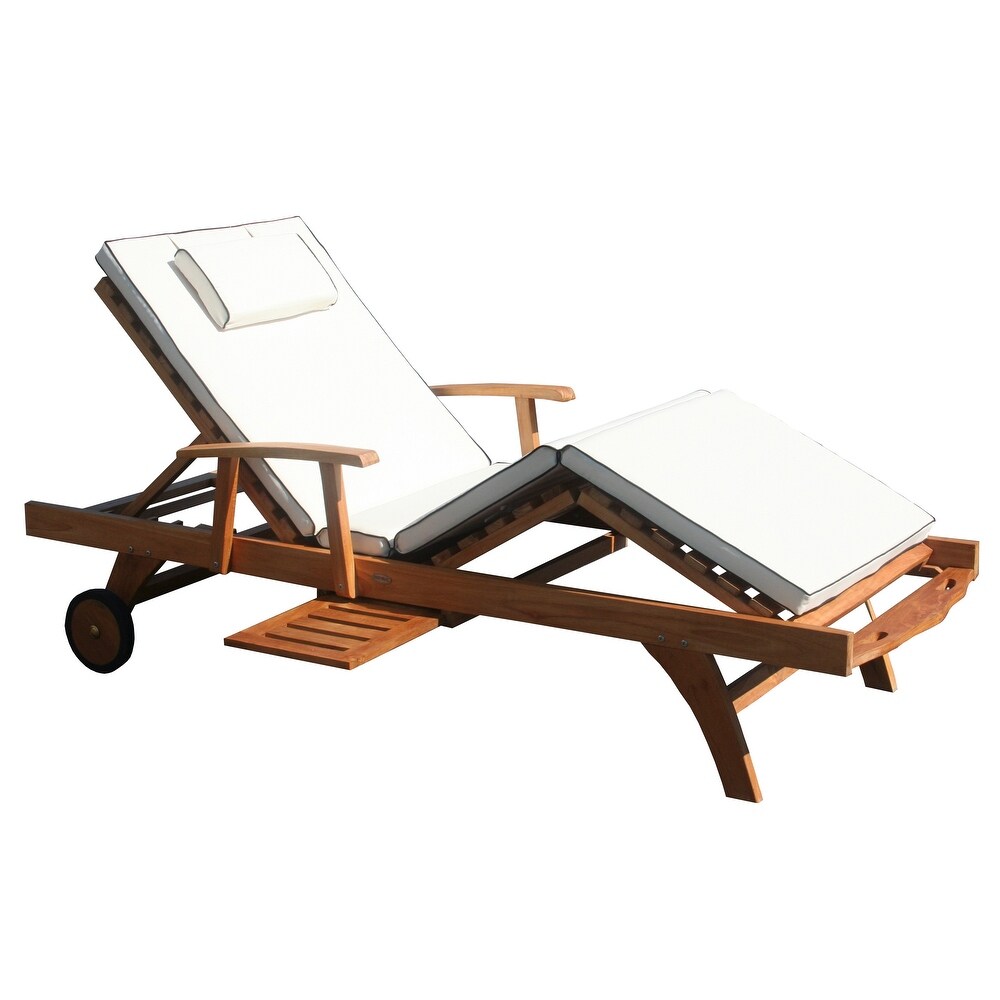 Chic Teak Bahama Teak Wood Pool and Patio Lounger with Pull Out Side Table