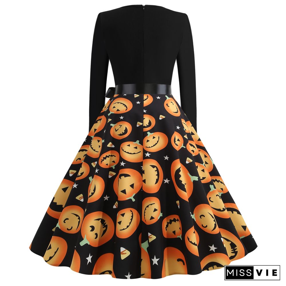 Halloween Print Stitching Long-Sleeved Big Dress