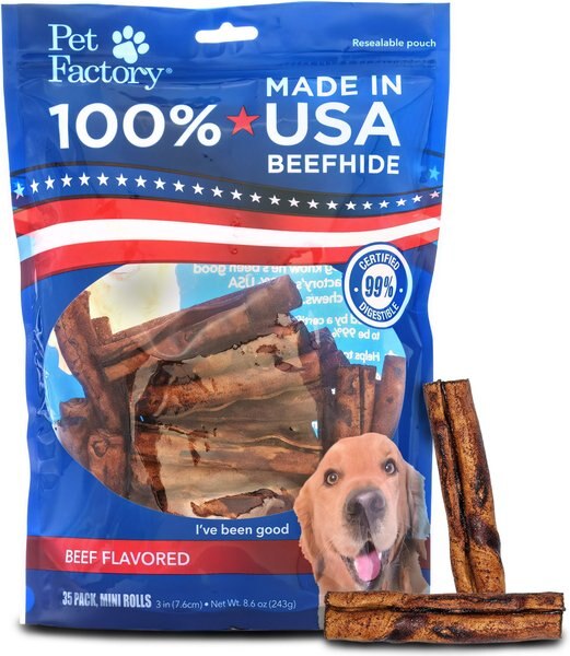 Pet Factory Beefhide 3 to 3.5-inch Mini Rolls Beef Flavored Dog Hard Chews， 35 count