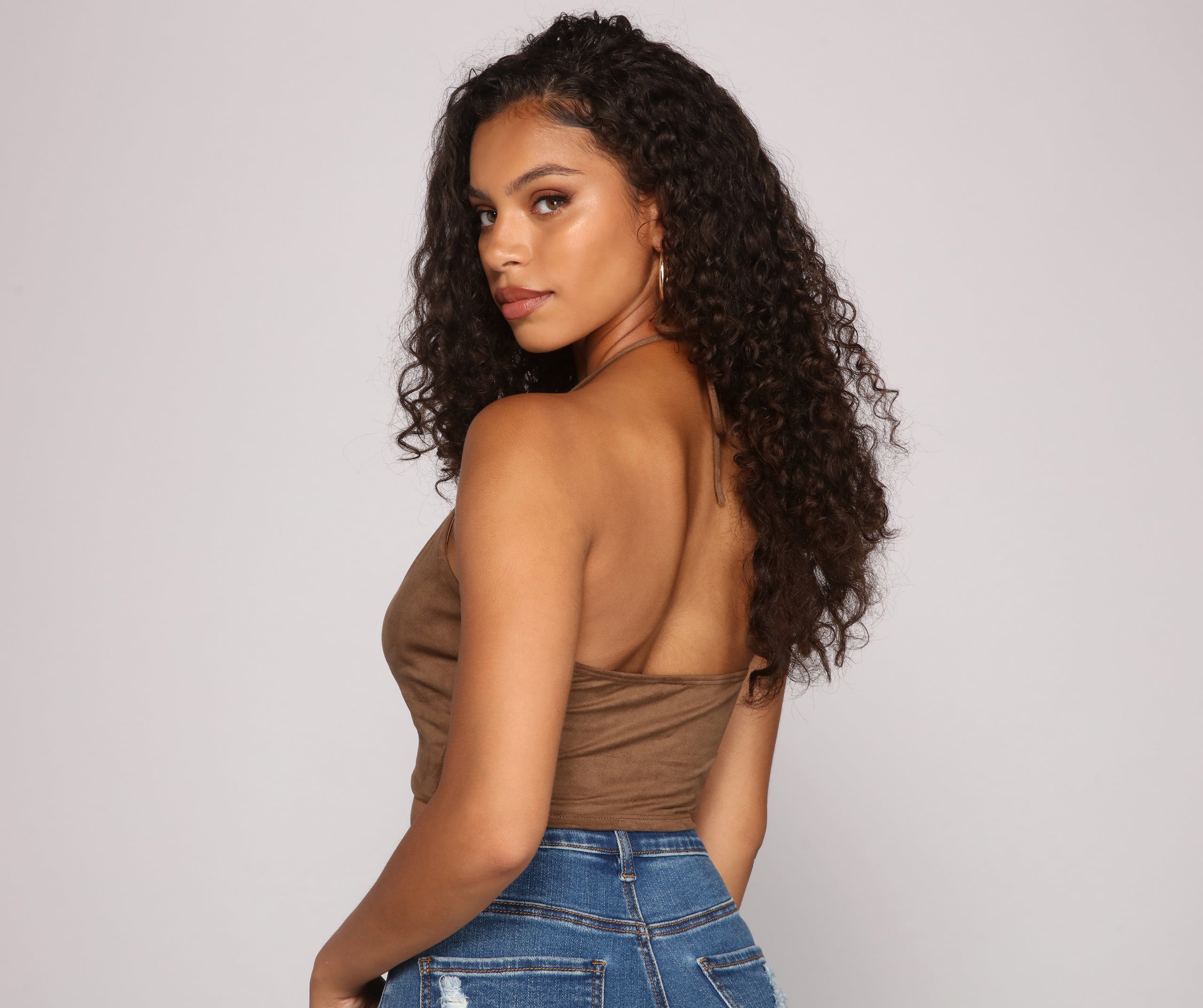 Basic Faux Suede Halter Crop Top