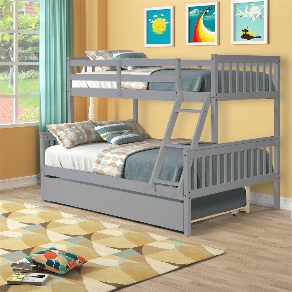 Vanelc Twin Over Full Bunk Bed with Trundle, Pine Wood Frame and Ladder with Guard Rails for Teens, Boys, Girls, Gray