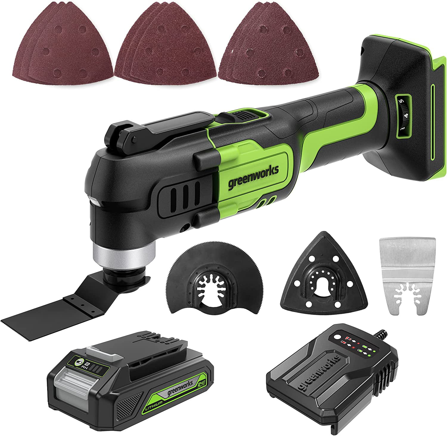 Greenworks 24V Cordless Multi-Tool， Oscillating Tool 18，000 OPM for Cutting/Nailing/Scraping/Sanding with 6 Variable Speed Control， 2.0Ah Battery and Charger