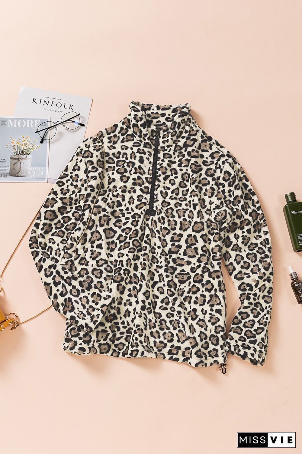 Leopard Print 1/4 Zip Turn-down Collar Sweatshirt