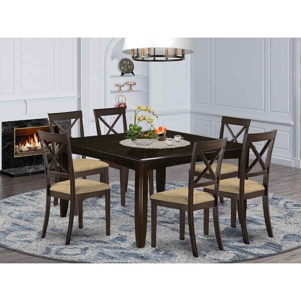 Wood Expandable Dining Set - Dining Table - Upholstered Linen Fabric Kitchen Chairs - Cappuccino Finish (Pieces Option)