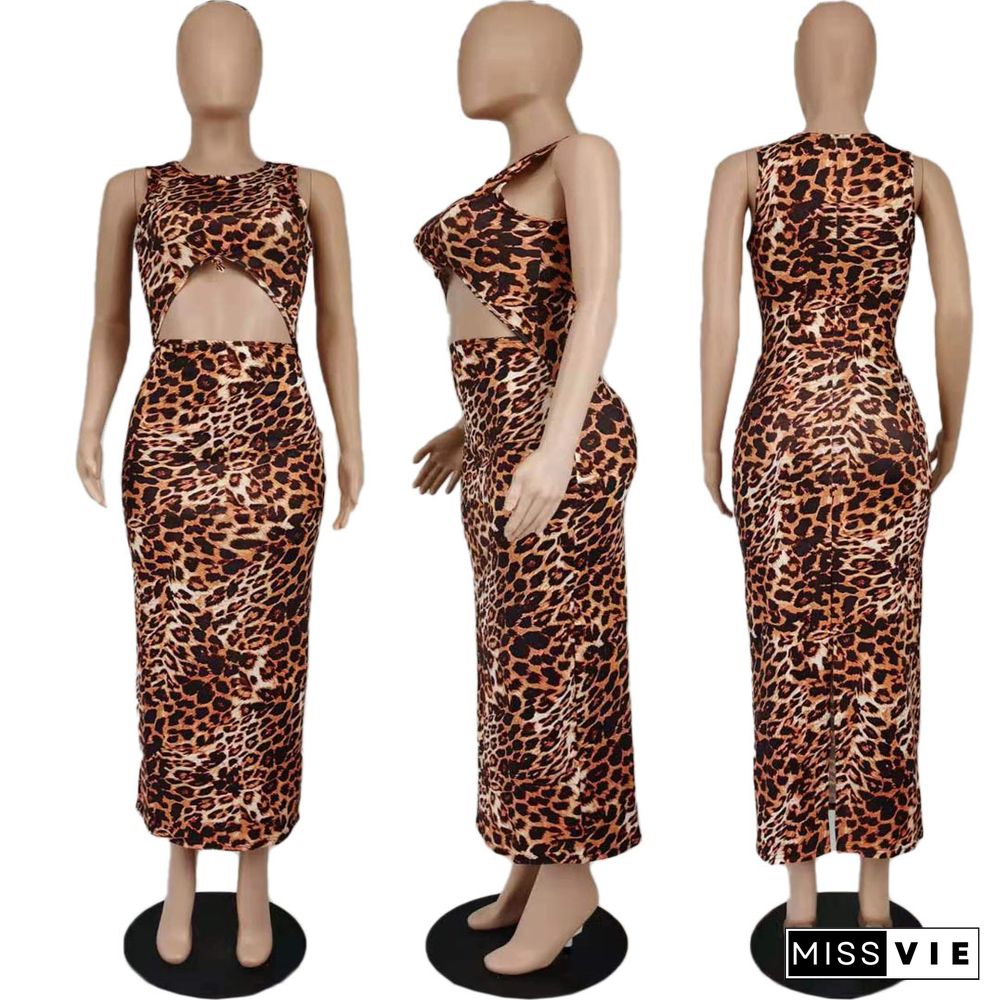 Sexy Navel Cutout Leopard Print Camouflage Temperament Casual Dress