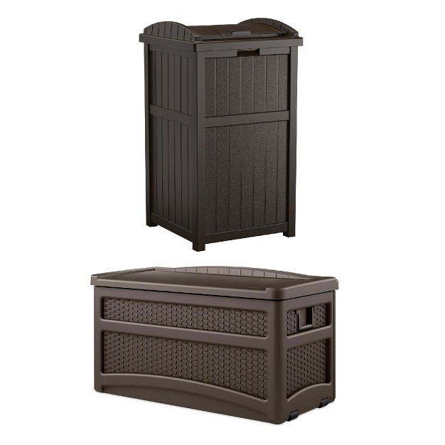 Suncast 73 Gallon Deck Box W Seat amp Trash Hideaway Outdoor Garbage Bin Java