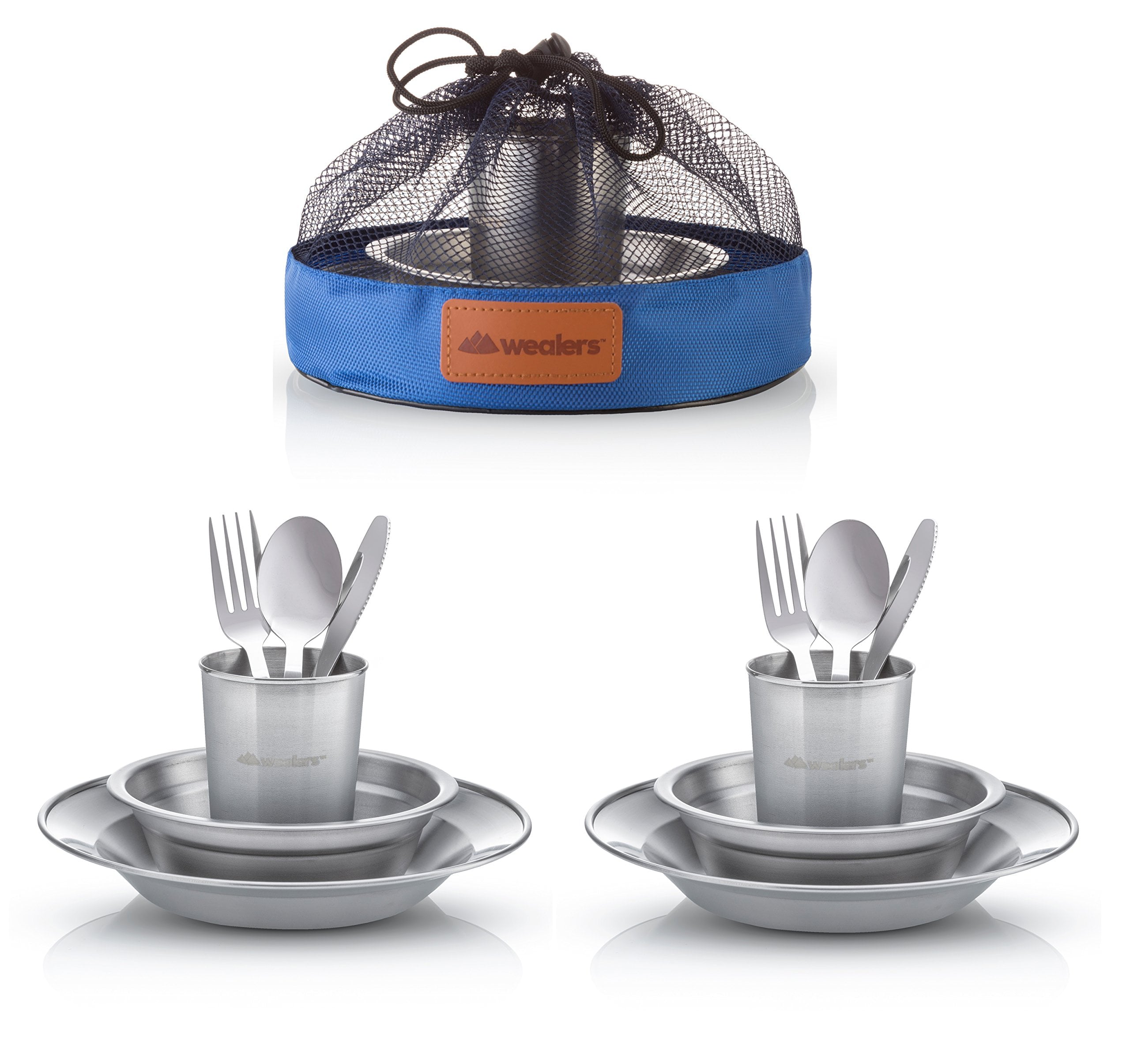 Unique Complete Messware Kit Polished Stainless Steel Dishes Set| Tableware| Dinnerware| Camping| Includes - Cups | Plates| Bowls| Cutlery| Comes in Mesh Bags