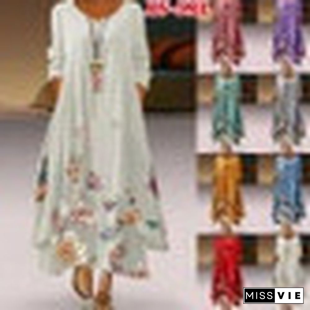 Women Casual Floral Print Long Sleeve Round Neck Double Layer Maxi Dresses Floral Casual Ethnic Style Loose Long Dress