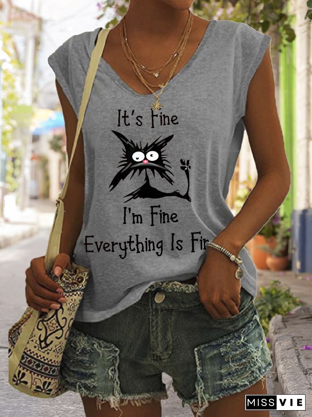 Women's It's Fine I'm Fine Everything Is Fine Funny Cat Print V-Neck Sleeveless Tee