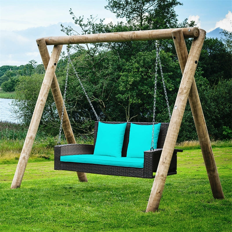 2-Person Outdoor Wicker Hanging Porch Swing Bench with Seat & Back Cushions