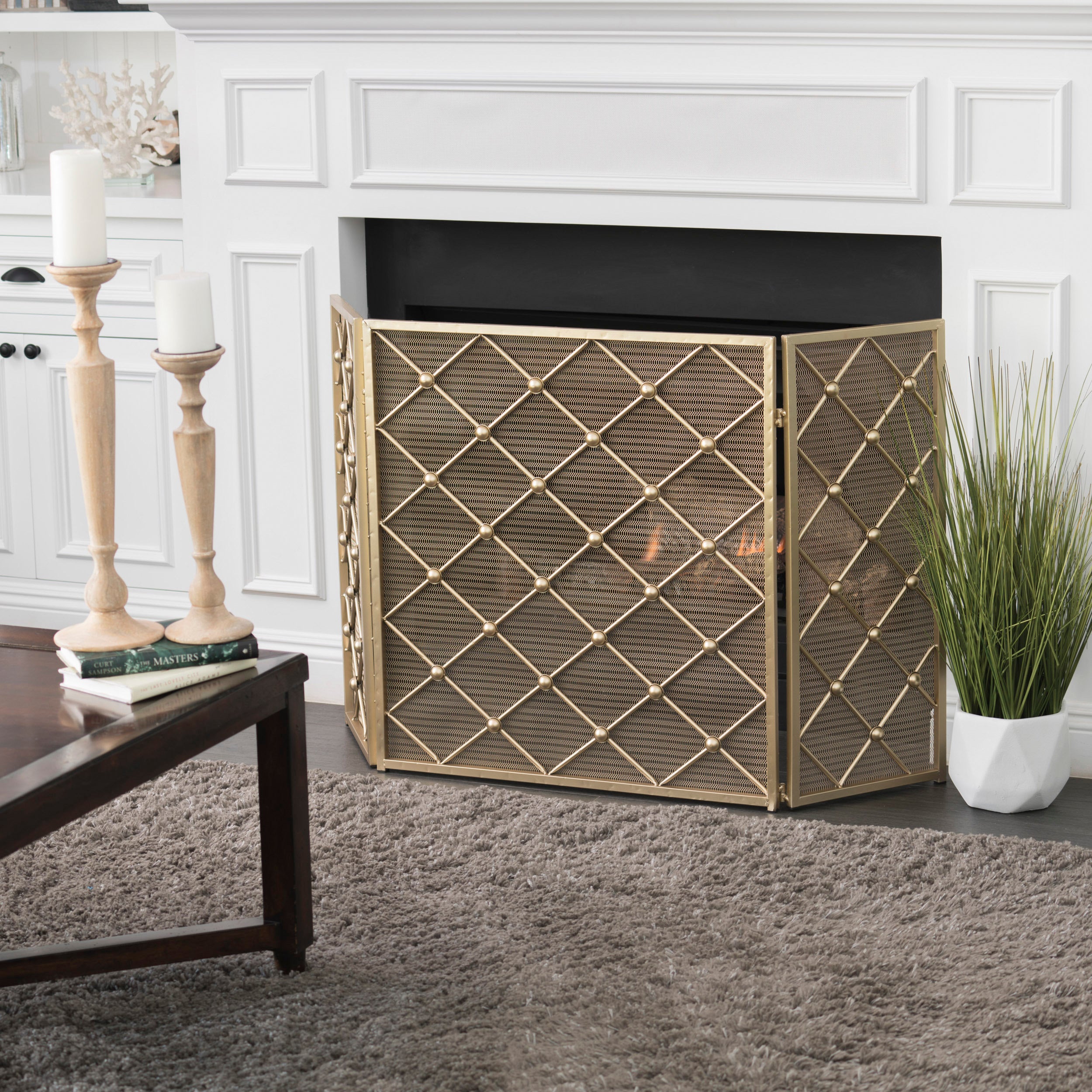 Chamberlain Modern 3-Panel Diamond Pattern Iron Fireplace Screen